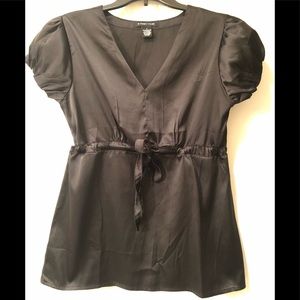 Black satiny blouse, short sleeves, drwstrng waist